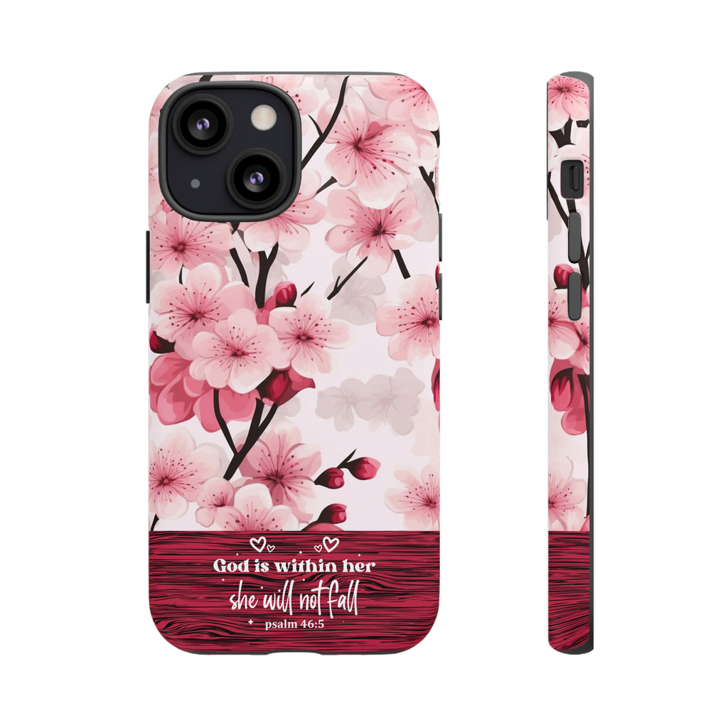 God Is Within Her Psalm 46:5 Floral Cherry Blossom Premium Christian iPhone Samsung Galaxy Google Pixel Phone Case