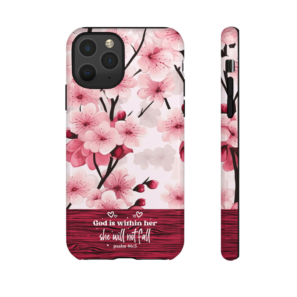 God Is Within Her Psalm 46:5 Floral Cherry Blossom Premium Christian iPhone Samsung Galaxy Google Pixel Phone Case