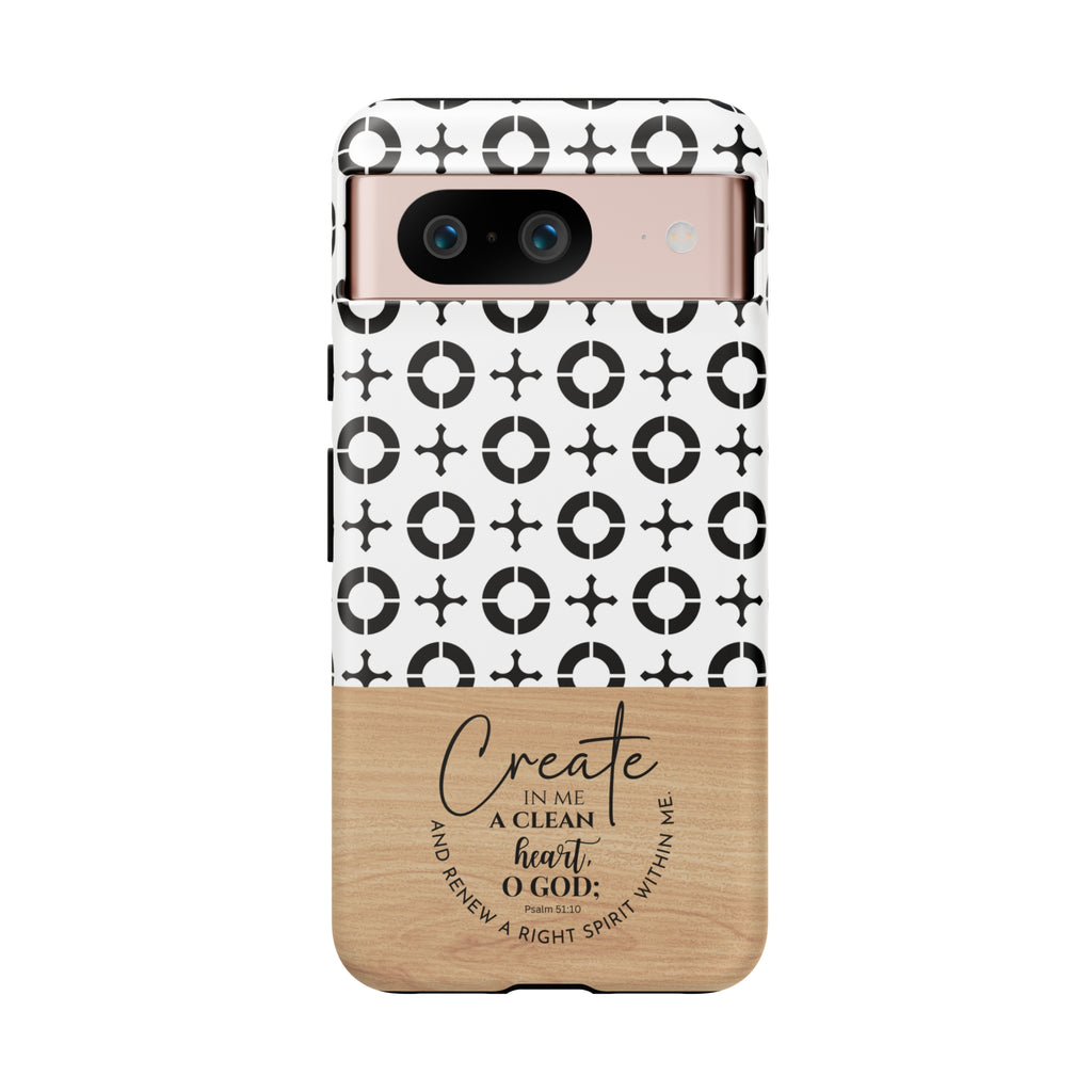 Psalm 51:10 Phone Case Create In Me A Clean Heart Tile Cross Wood Pattern iPhone Samsung Google Pixel Phone Case