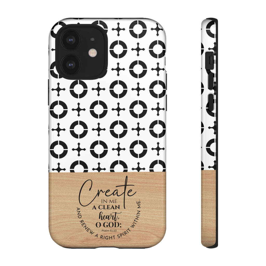 Psalm 51:10 Phone Case Create In Me A Clean Heart Tile Cross Wood Pattern iPhone Samsung Google Pixel Phone Case