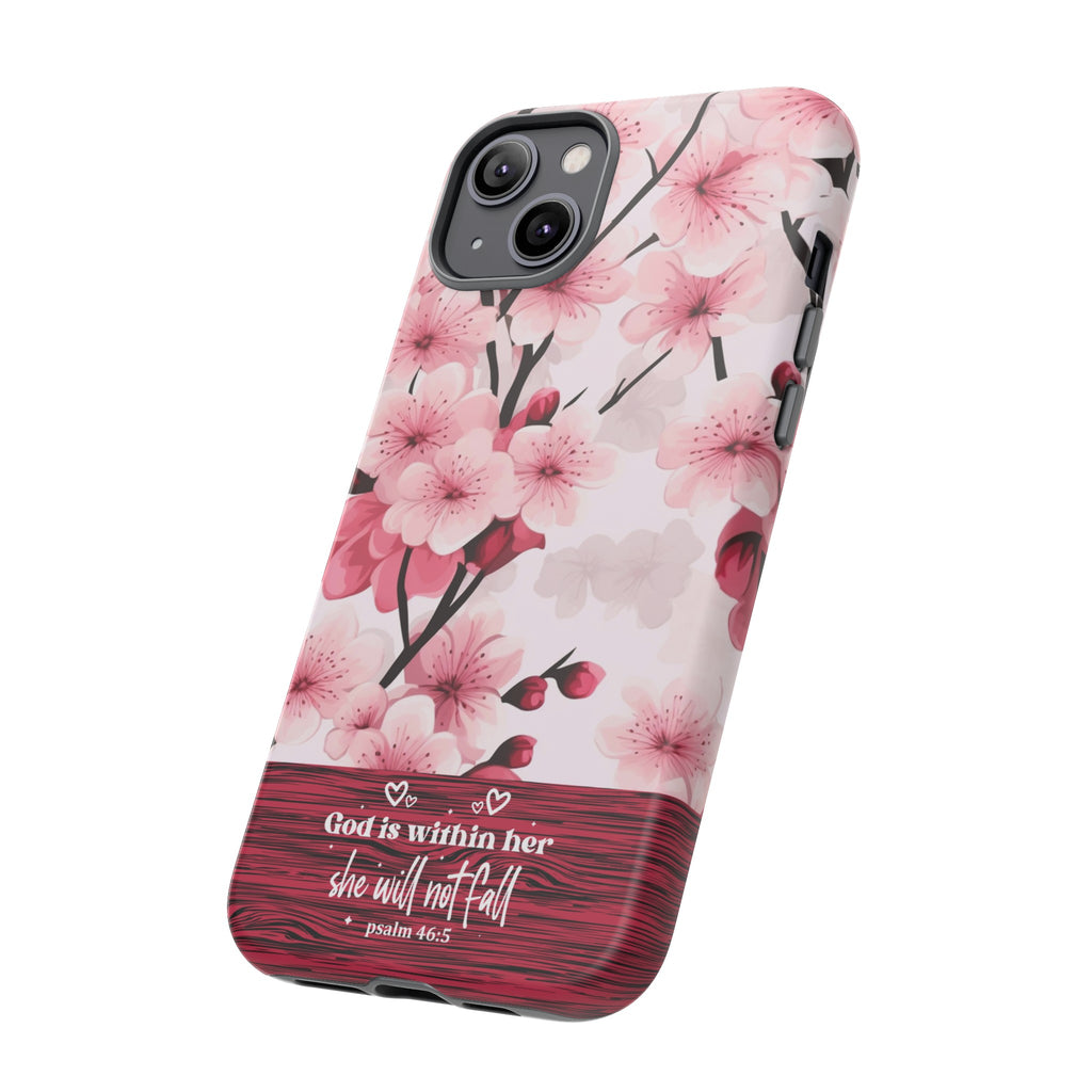 God Is Within Her Psalm 46:5 Floral Cherry Blossom Premium Christian iPhone Samsung Galaxy Google Pixel Phone Case