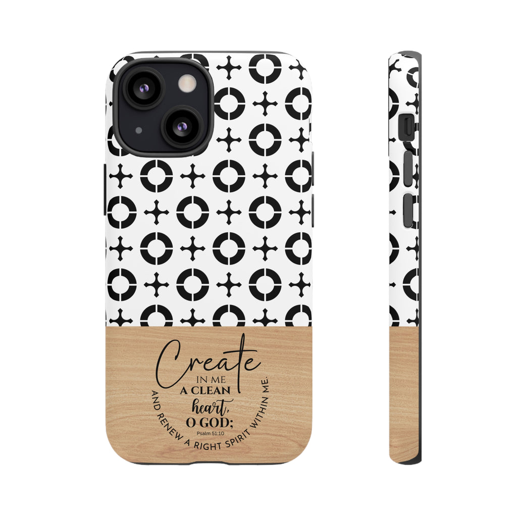 Psalm 51:10 Phone Case Create In Me A Clean Heart Tile Cross Wood Pattern iPhone Samsung Google Pixel Phone Case