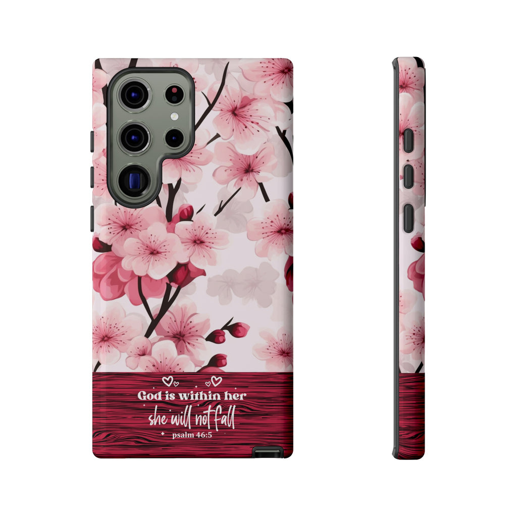 God Is Within Her Psalm 46:5 Floral Cherry Blossom Premium Christian iPhone Samsung Galaxy Google Pixel Phone Case