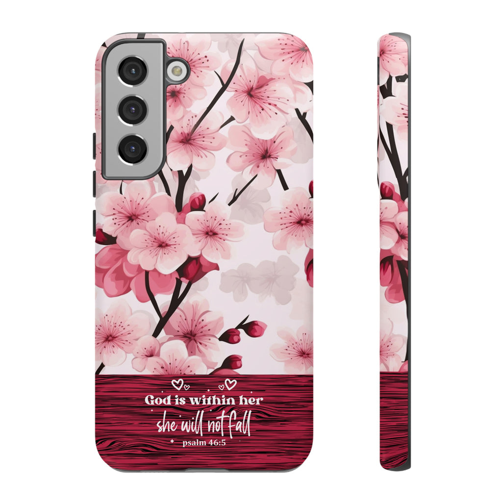 God Is Within Her Psalm 46:5 Floral Cherry Blossom Premium Christian iPhone Samsung Galaxy Google Pixel Phone Case