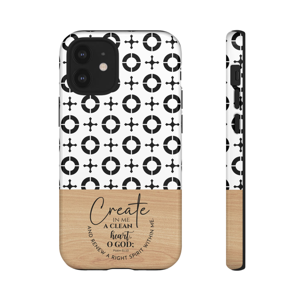 Psalm 51:10 Phone Case Create In Me A Clean Heart Tile Cross Wood Pattern iPhone Samsung Google Pixel Phone Case