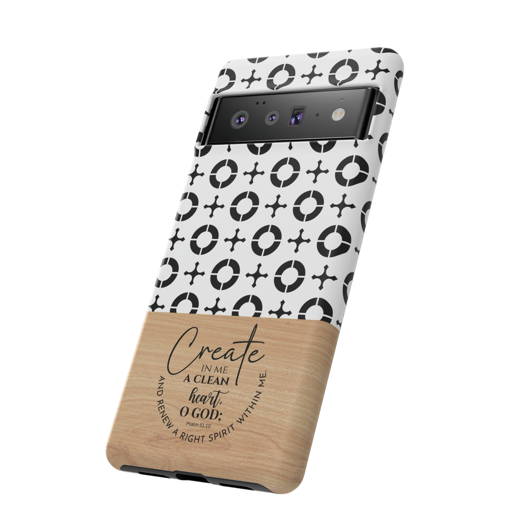 Psalm 51:10 Phone Case Create In Me A Clean Heart Tile Cross Wood Pattern iPhone Samsung Google Pixel Phone Case