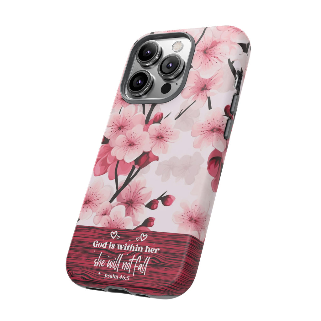 God Is Within Her Psalm 46:5 Floral Cherry Blossom Premium Christian iPhone Samsung Galaxy Google Pixel Phone Case