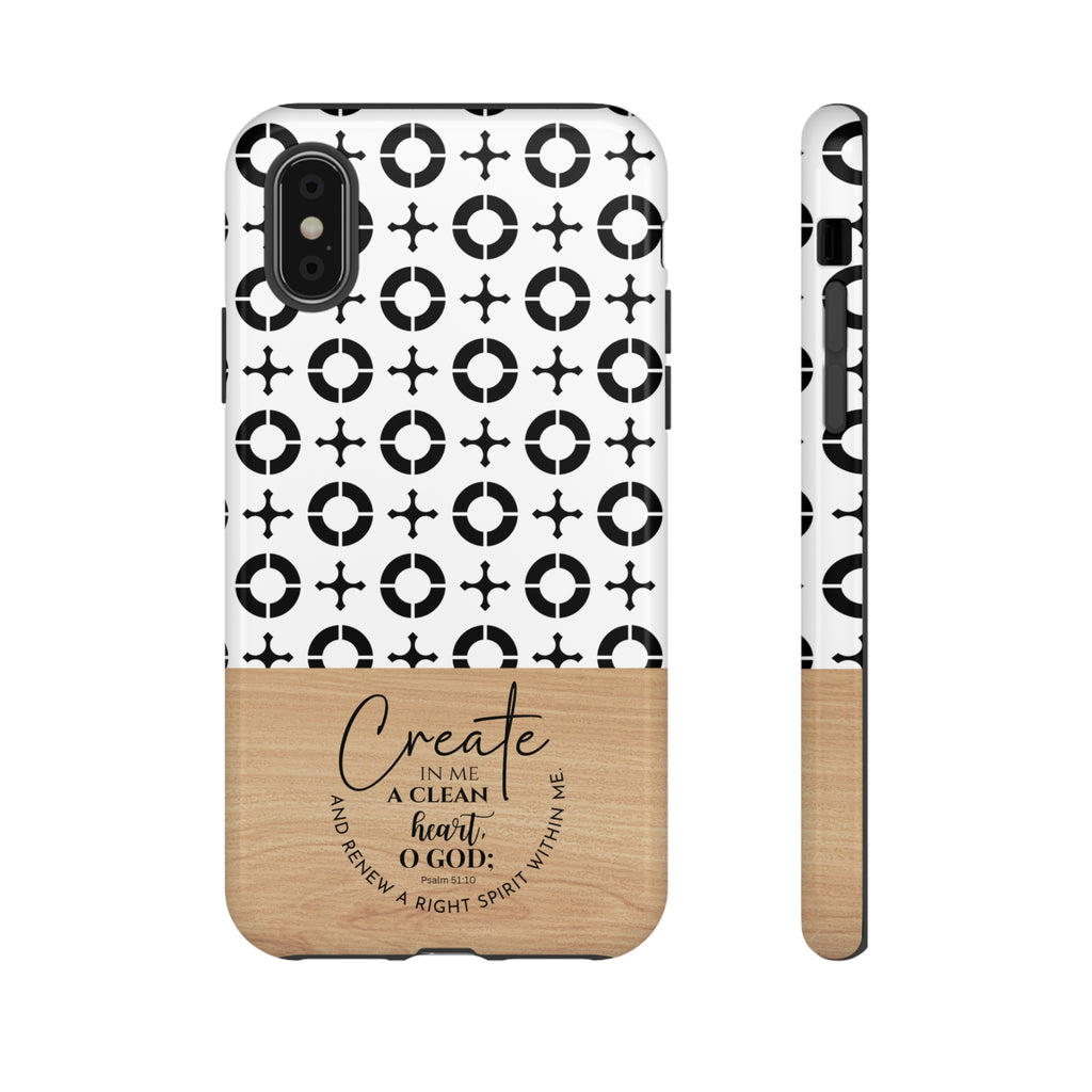 Psalm 51:10 Phone Case Create In Me A Clean Heart Tile Cross Wood Pattern iPhone Samsung Google Pixel Phone Case