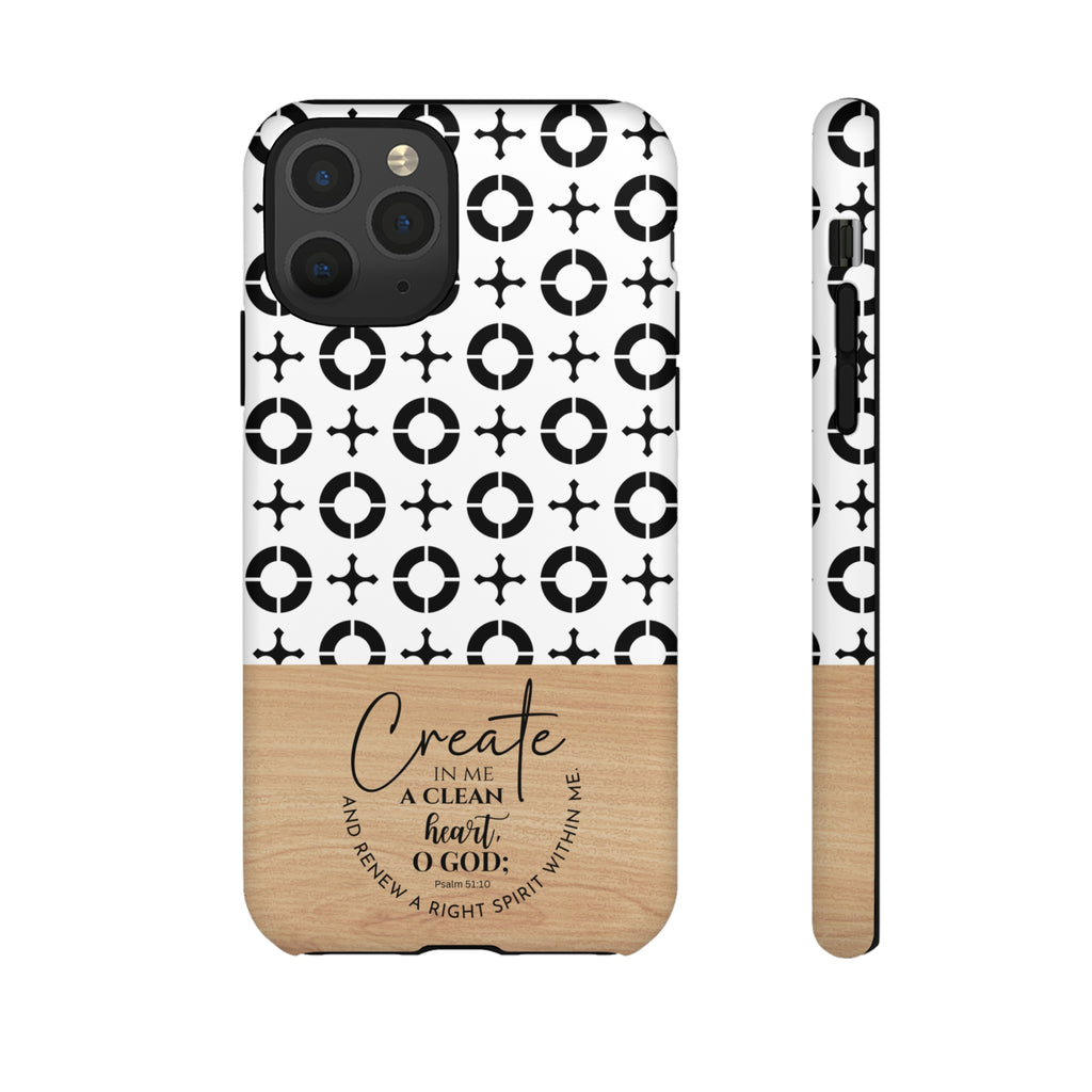 Psalm 51:10 Phone Case Create In Me A Clean Heart Tile Cross Wood Pattern iPhone Samsung Google Pixel Phone Case