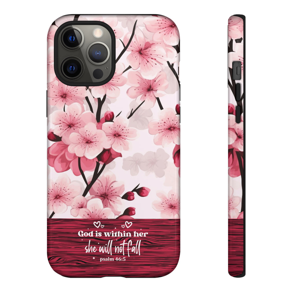 God Is Within Her Psalm 46:5 Floral Cherry Blossom Premium Christian iPhone Samsung Galaxy Google Pixel Phone Case