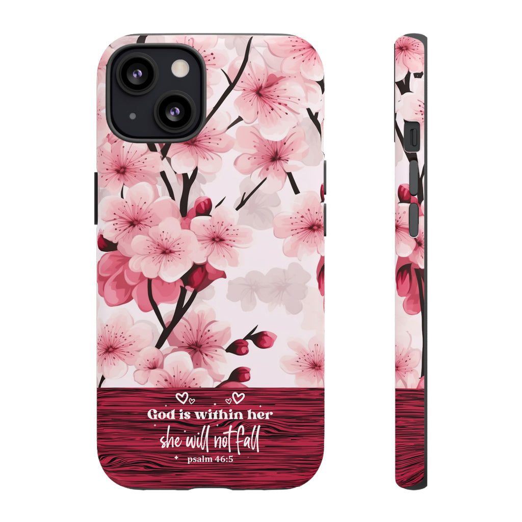 God Is Within Her Psalm 46:5 Floral Cherry Blossom Premium Christian iPhone Samsung Galaxy Google Pixel Phone Case