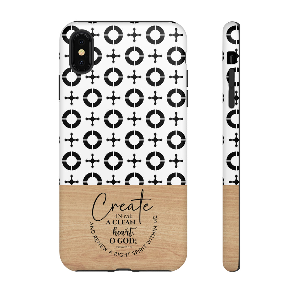 Psalm 51:10 Phone Case Create In Me A Clean Heart Tile Cross Wood Pattern iPhone Samsung Google Pixel Phone Case