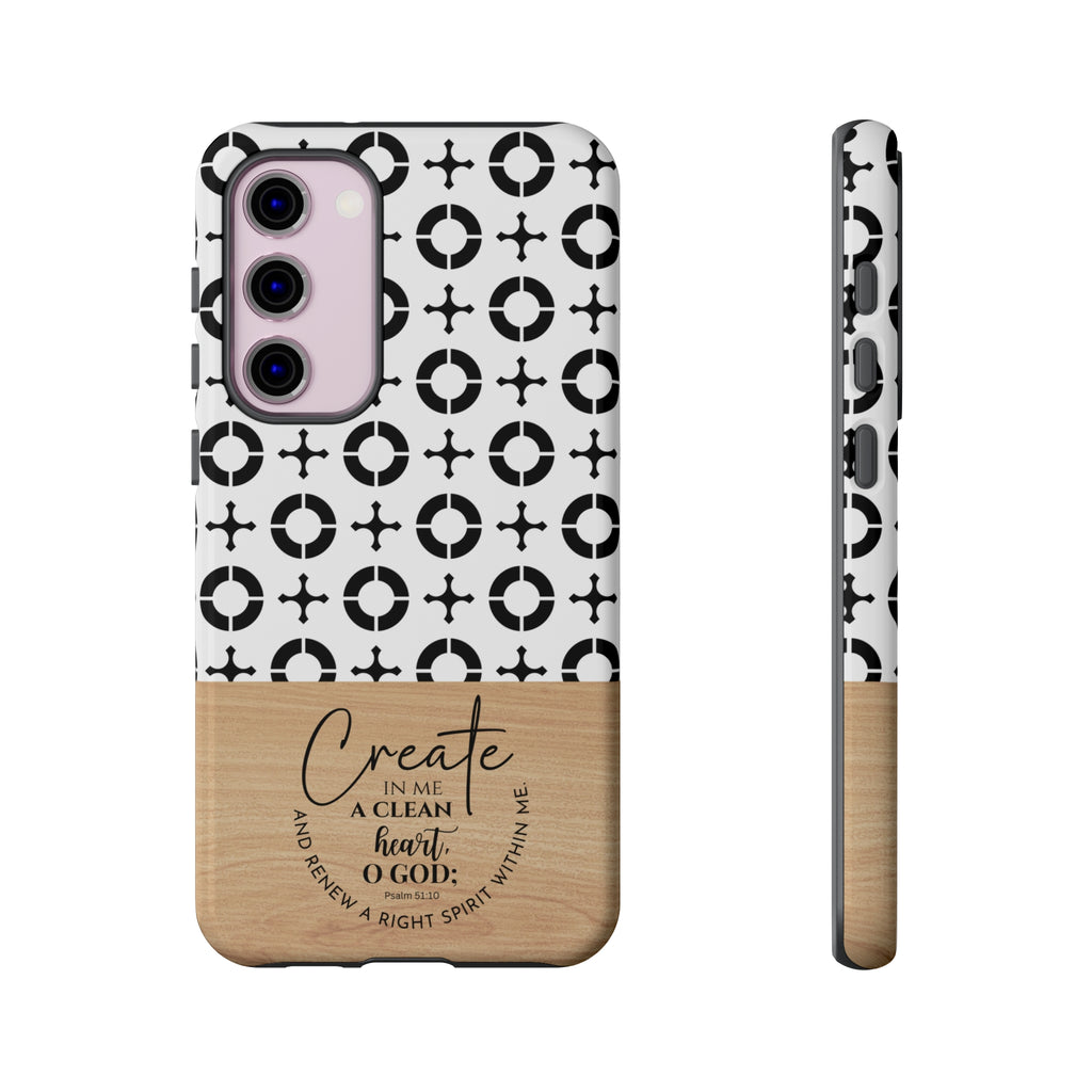 Psalm 51:10 Phone Case Create In Me A Clean Heart Tile Cross Wood Pattern iPhone Samsung Google Pixel Phone Case