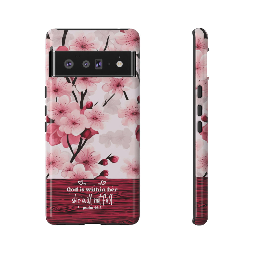 God Is Within Her Psalm 46:5 Floral Cherry Blossom Premium Christian iPhone Samsung Galaxy Google Pixel Phone Case