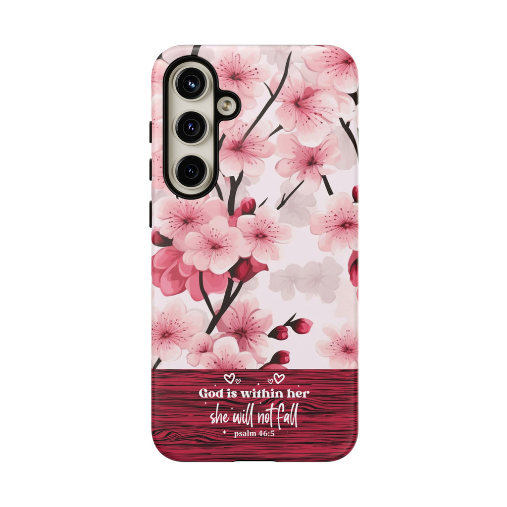 God Is Within Her Psalm 46:5 Floral Cherry Blossom Premium Christian iPhone Samsung Galaxy Google Pixel Phone Case