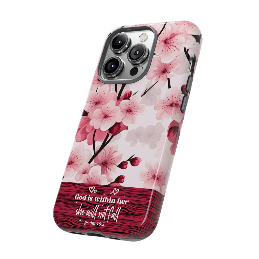 God Is Within Her Psalm 46:5 Floral Cherry Blossom Premium Christian iPhone Samsung Galaxy Google Pixel Phone Case