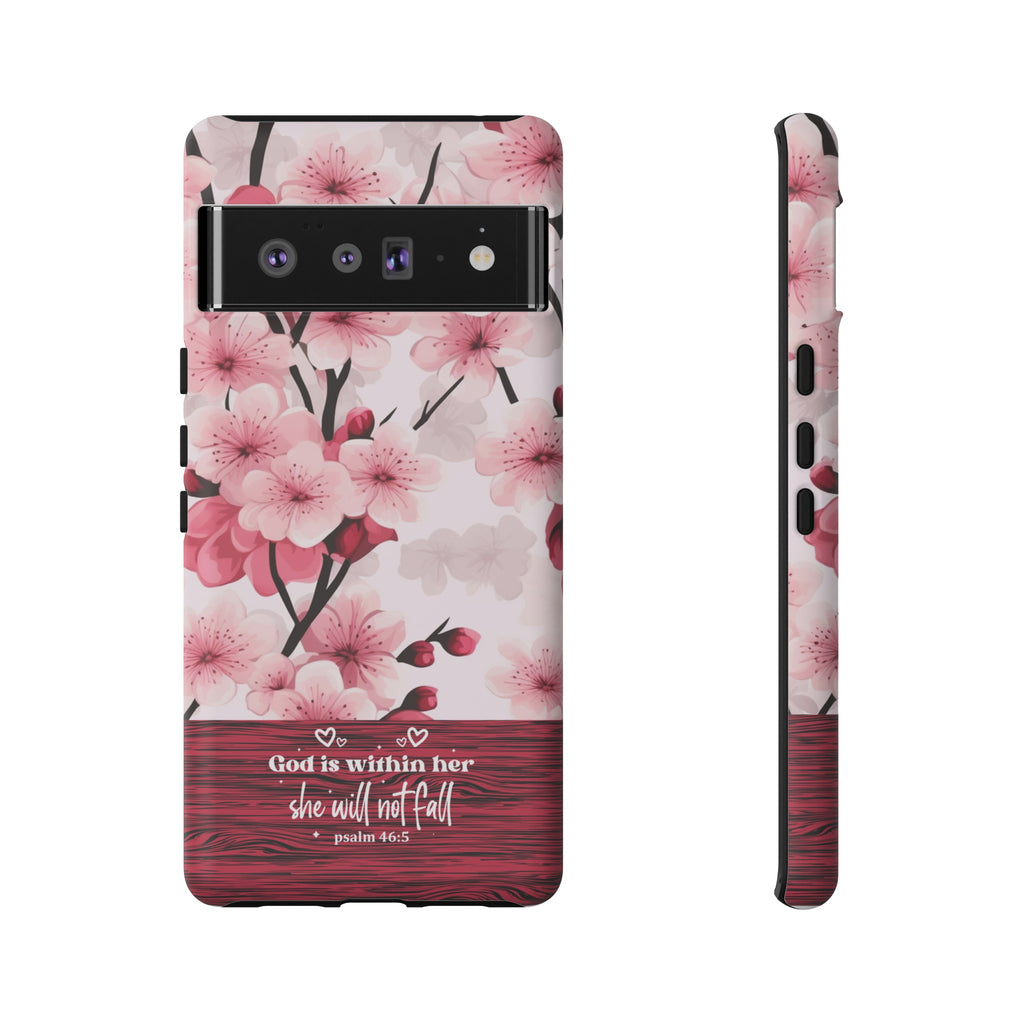 God Is Within Her Psalm 46:5 Floral Cherry Blossom Premium Christian iPhone Samsung Galaxy Google Pixel Phone Case