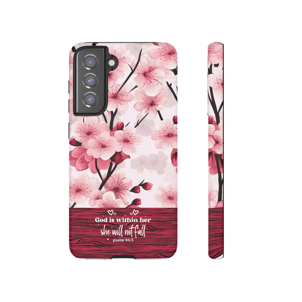 God Is Within Her Psalm 46:5 Floral Cherry Blossom Premium Christian iPhone Samsung Galaxy Google Pixel Phone Case