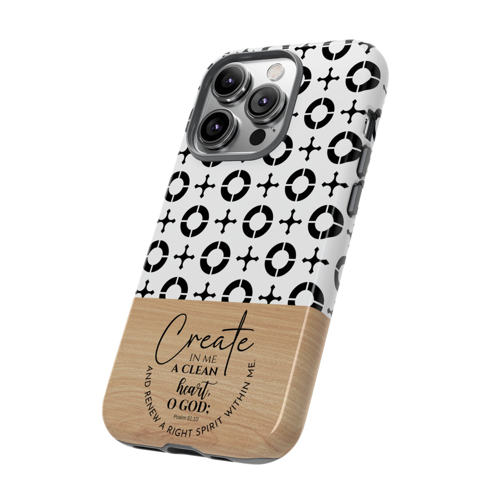 Psalm 51:10 Phone Case Create In Me A Clean Heart Tile Cross Wood Pattern iPhone Samsung Google Pixel Phone Case