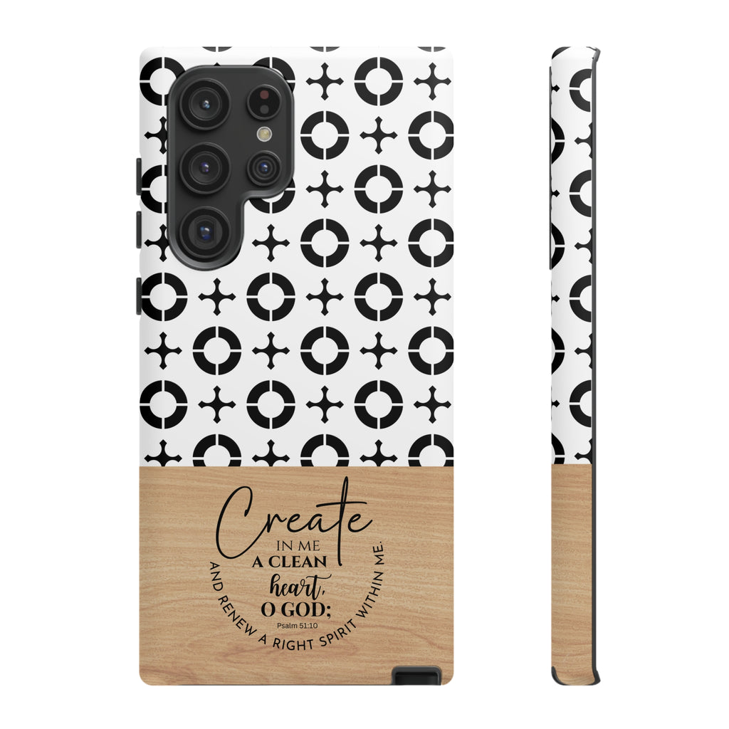 Psalm 51:10 Phone Case Create In Me A Clean Heart Tile Cross Wood Pattern iPhone Samsung Google Pixel Phone Case