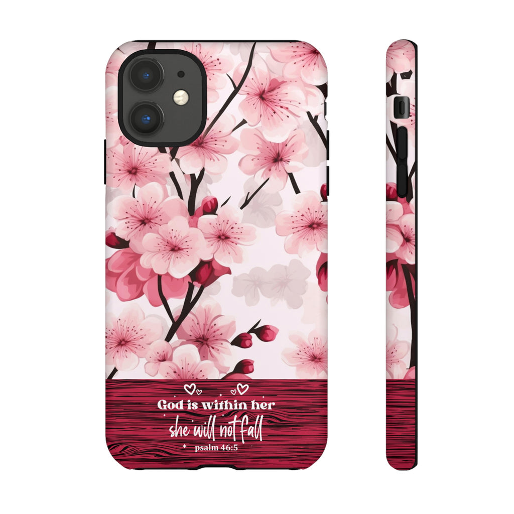 God Is Within Her Psalm 46:5 Floral Cherry Blossom Premium Christian iPhone Samsung Galaxy Google Pixel Phone Case