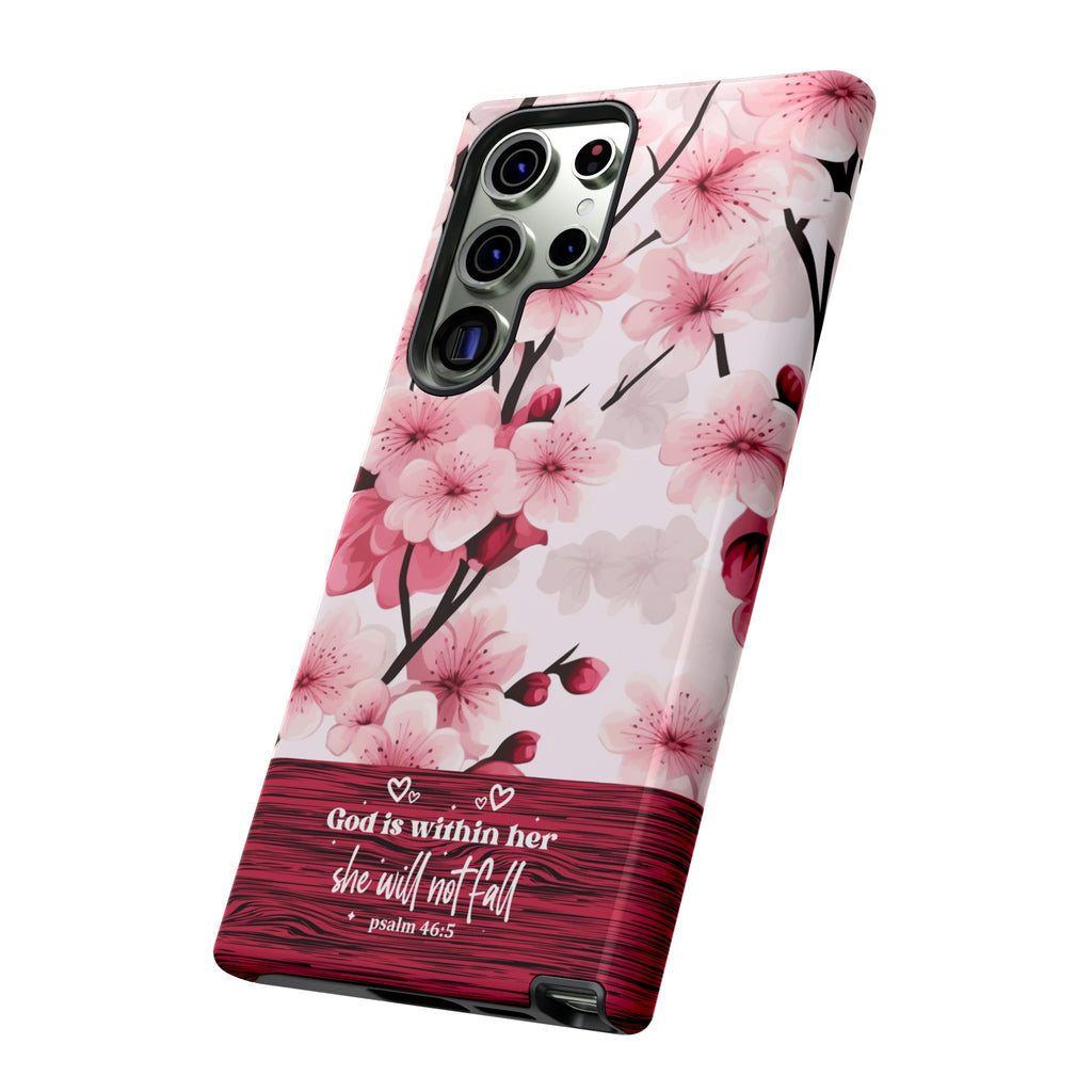 God Is Within Her Psalm 46:5 Floral Cherry Blossom Premium Christian iPhone Samsung Galaxy Google Pixel Phone Case