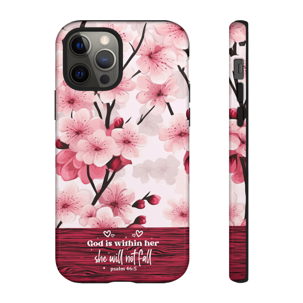 God Is Within Her Psalm 46:5 Floral Cherry Blossom Premium Christian iPhone Samsung Galaxy Google Pixel Phone Case