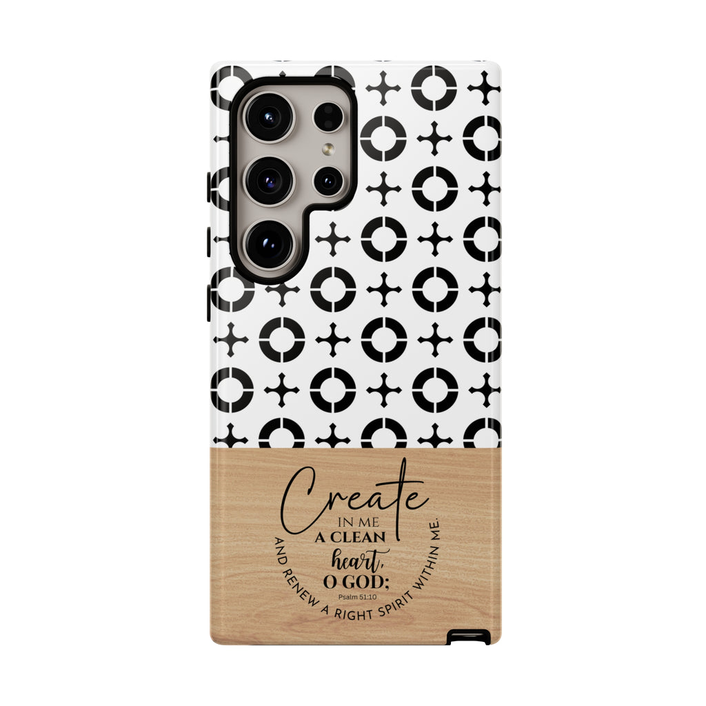 Psalm 51:10 Phone Case Create In Me A Clean Heart Tile Cross Wood Pattern iPhone Samsung Google Pixel Phone Case