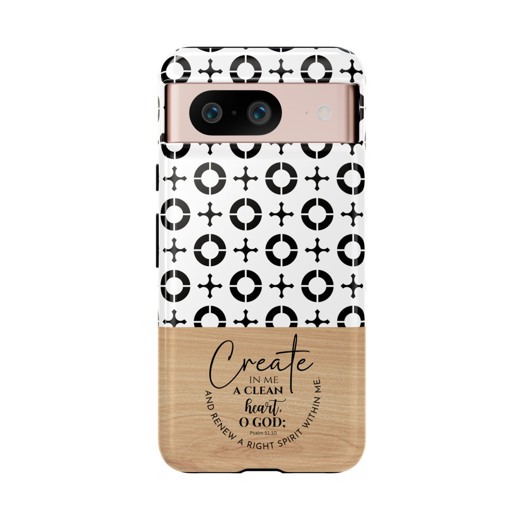 Psalm 51:10 Phone Case Create In Me A Clean Heart Tile Cross Wood Pattern iPhone Samsung Google Pixel Phone Case