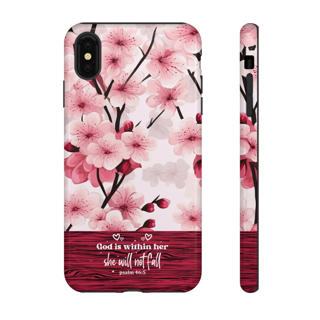 God Is Within Her Psalm 46:5 Floral Cherry Blossom Premium Christian iPhone Samsung Galaxy Google Pixel Phone Case