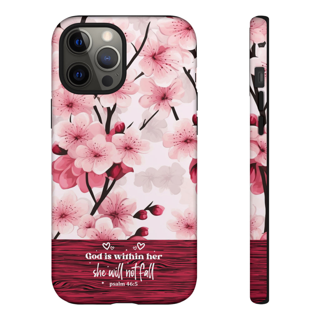 God Is Within Her Psalm 46:5 Floral Cherry Blossom Premium Christian iPhone Samsung Galaxy Google Pixel Phone Case