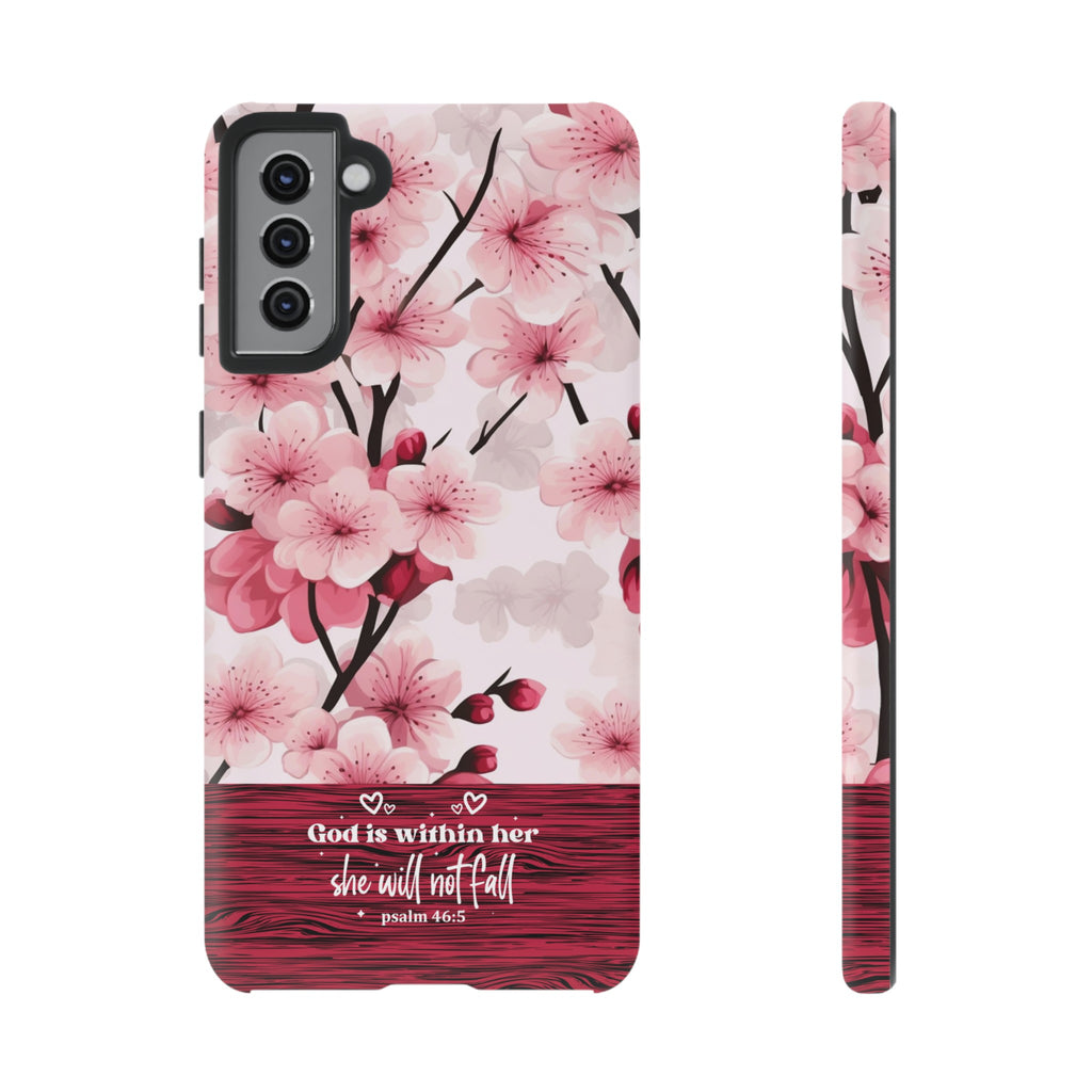 God Is Within Her Psalm 46:5 Floral Cherry Blossom Premium Christian iPhone Samsung Galaxy Google Pixel Phone Case