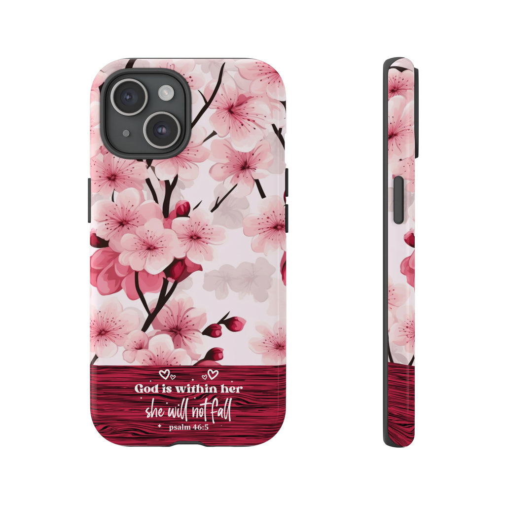 God Is Within Her Psalm 46:5 Floral Cherry Blossom Premium Christian iPhone Samsung Galaxy Google Pixel Phone Case