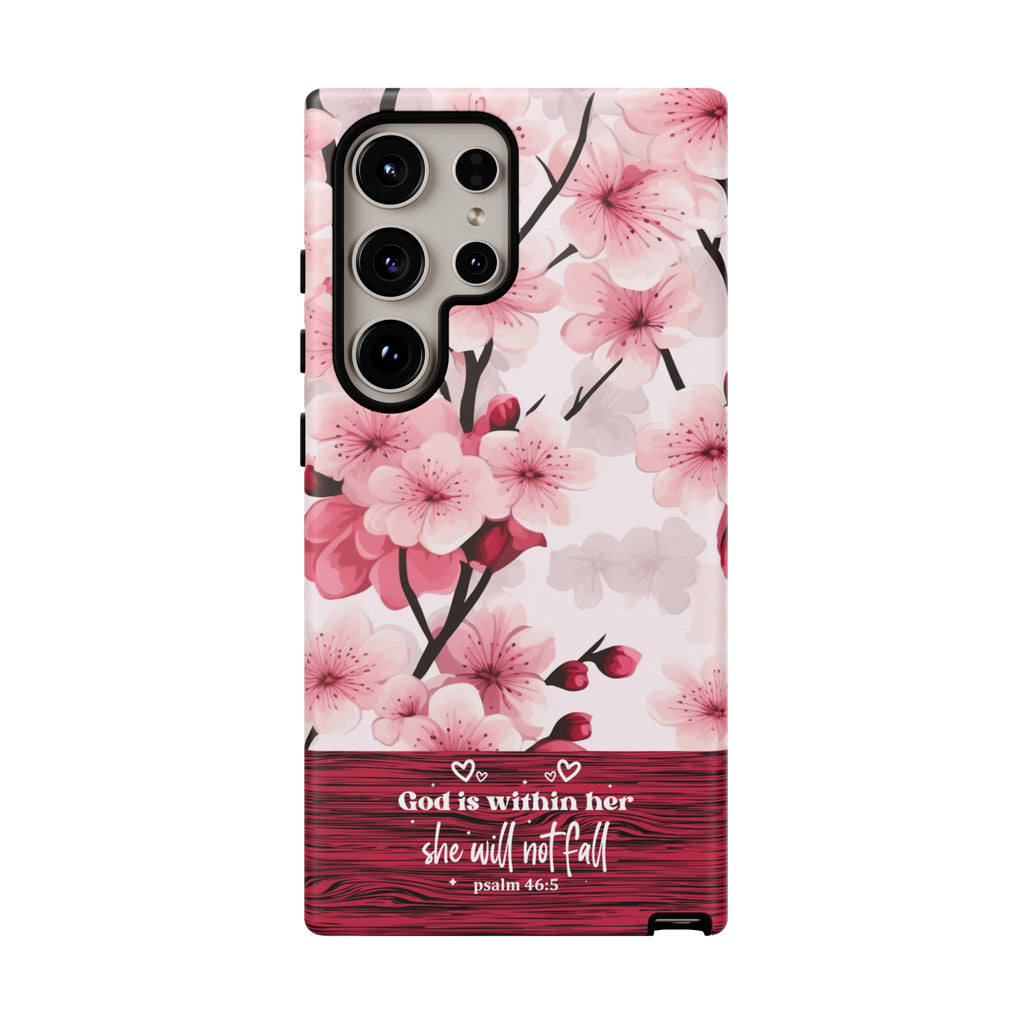 God Is Within Her Psalm 46:5 Floral Cherry Blossom Premium Christian iPhone Samsung Galaxy Google Pixel Phone Case