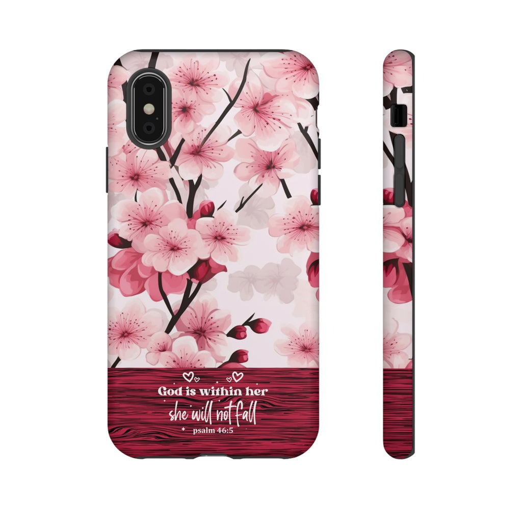 God Is Within Her Psalm 46:5 Floral Cherry Blossom Premium Christian iPhone Samsung Galaxy Google Pixel Phone Case