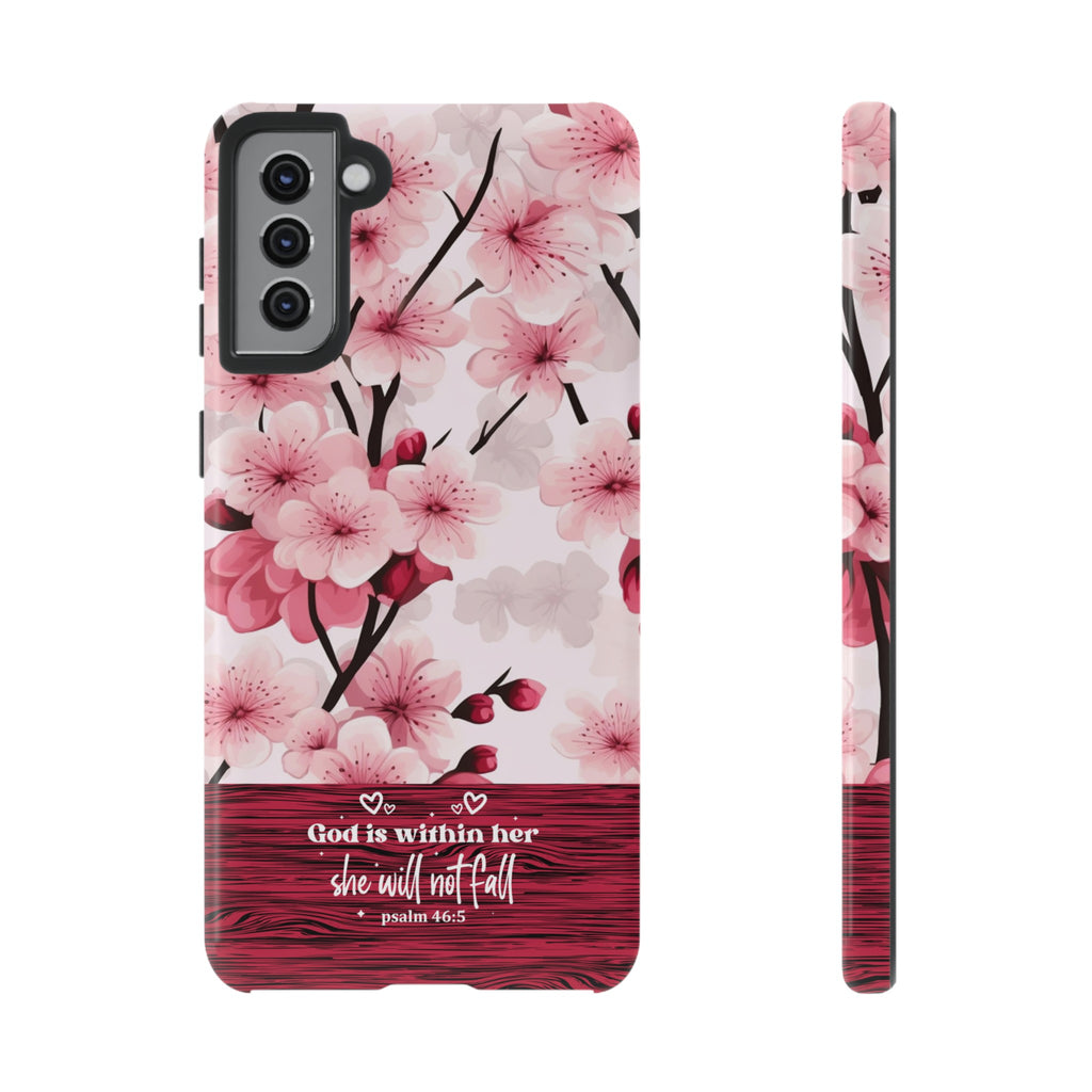 God Is Within Her Psalm 46:5 Floral Cherry Blossom Premium Christian iPhone Samsung Galaxy Google Pixel Phone Case