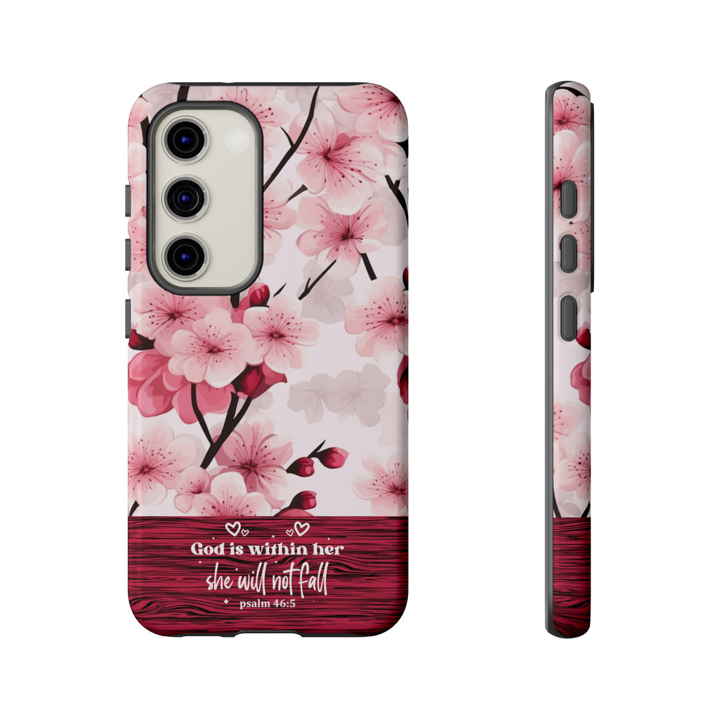 God Is Within Her Psalm 46:5 Floral Cherry Blossom Premium Christian iPhone Samsung Galaxy Google Pixel Phone Case