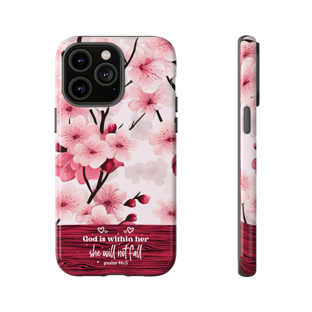 God Is Within Her Psalm 46:5 Floral Cherry Blossom Premium Christian iPhone Samsung Galaxy Google Pixel Phone Case