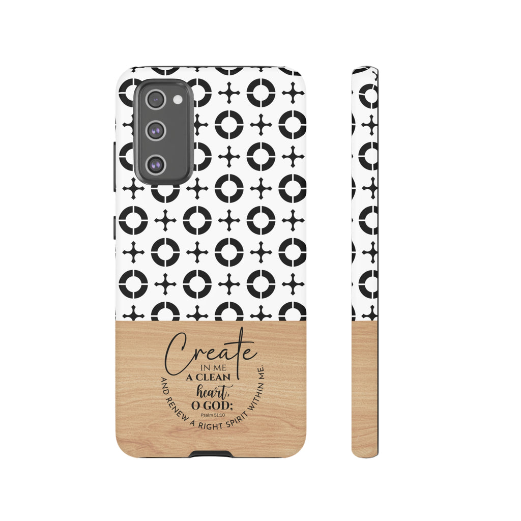 Psalm 51:10 Phone Case Create In Me A Clean Heart Tile Cross Wood Pattern iPhone Samsung Google Pixel Phone Case