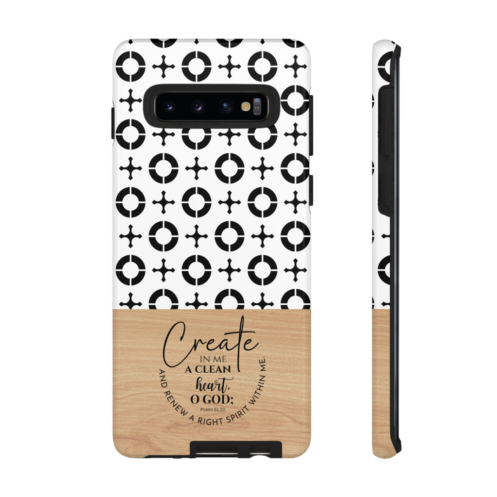 Psalm 51:10 Phone Case Create In Me A Clean Heart Tile Cross Wood Pattern iPhone Samsung Google Pixel Phone Case