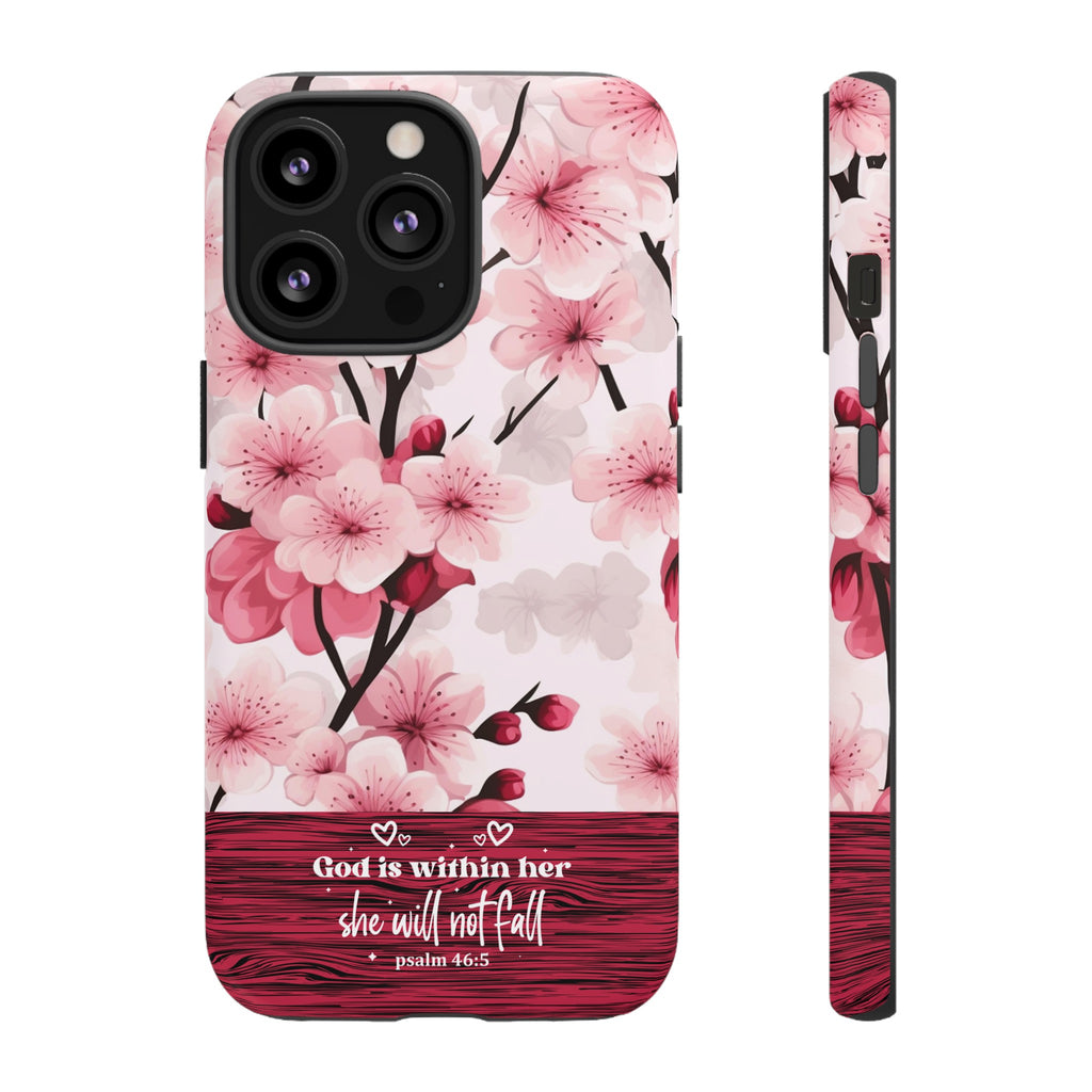 God Is Within Her Psalm 46:5 Floral Cherry Blossom Premium Christian iPhone Samsung Galaxy Google Pixel Phone Case