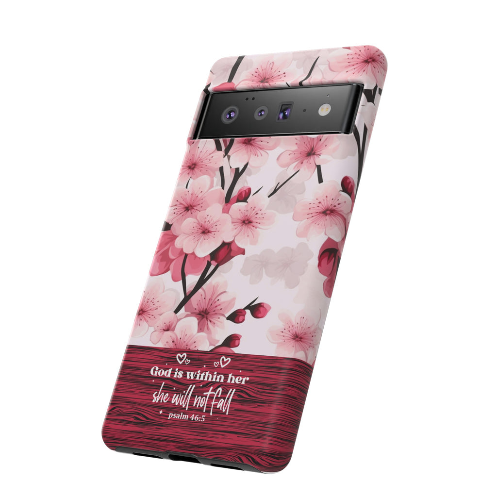 God Is Within Her Psalm 46:5 Floral Cherry Blossom Premium Christian iPhone Samsung Galaxy Google Pixel Phone Case