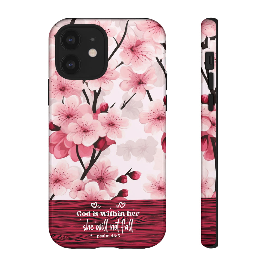 God Is Within Her Psalm 46:5 Floral Cherry Blossom Premium Christian iPhone Samsung Galaxy Google Pixel Phone Case