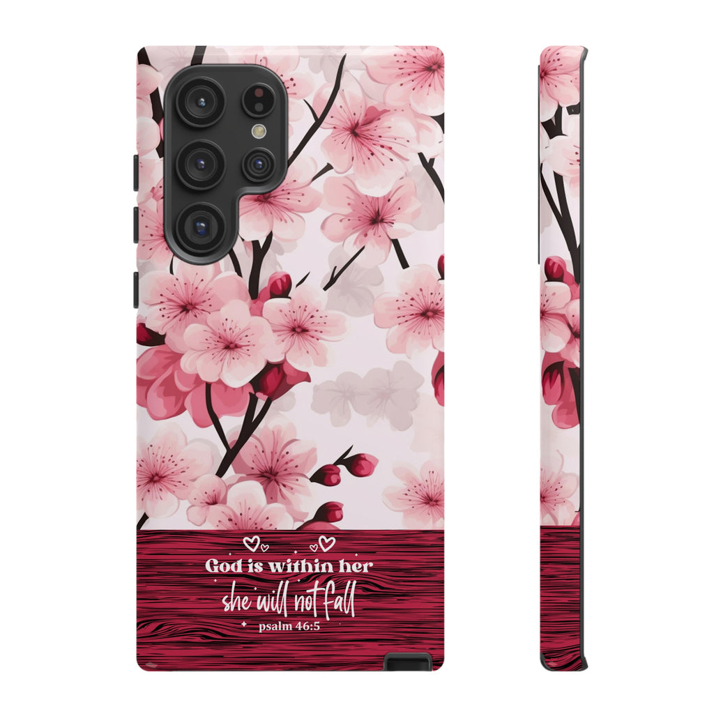 God Is Within Her Psalm 46:5 Floral Cherry Blossom Premium Christian iPhone Samsung Galaxy Google Pixel Phone Case