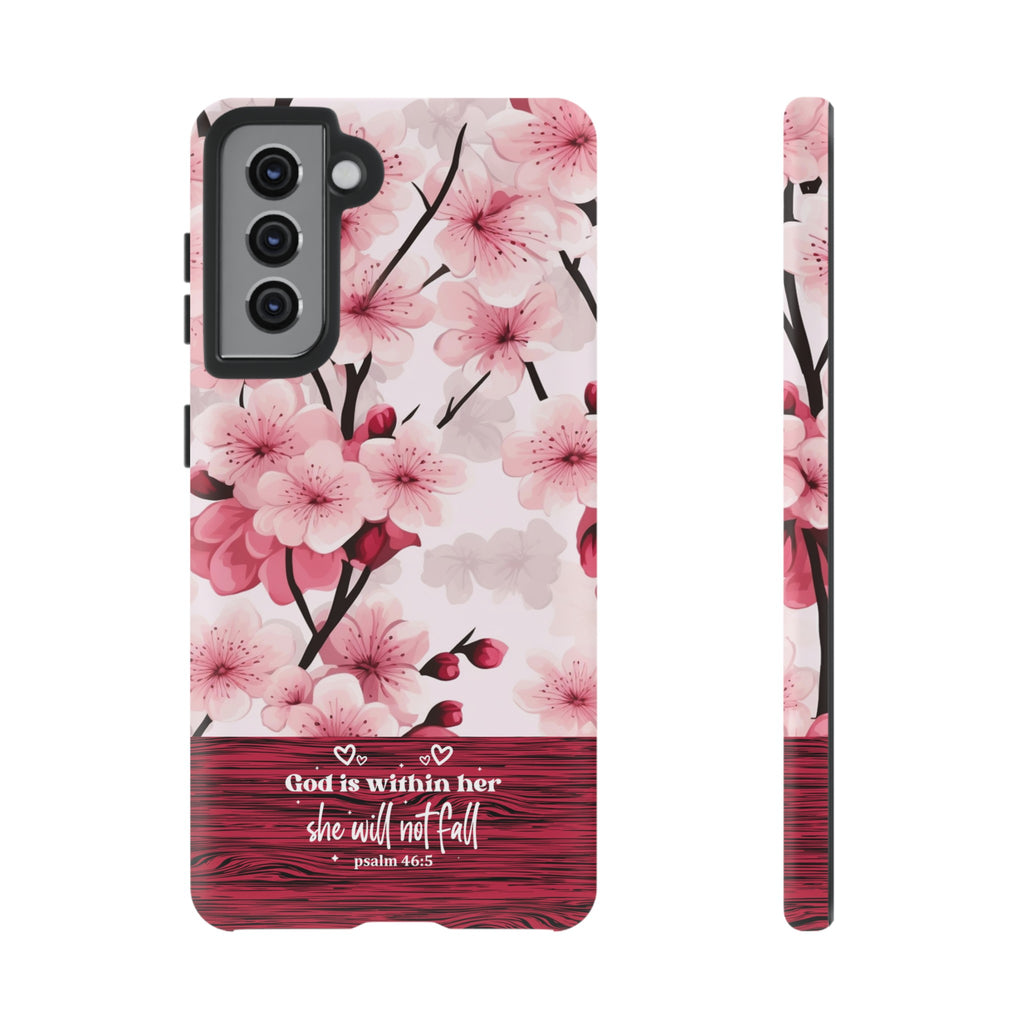 God Is Within Her Psalm 46:5 Floral Cherry Blossom Premium Christian iPhone Samsung Galaxy Google Pixel Phone Case