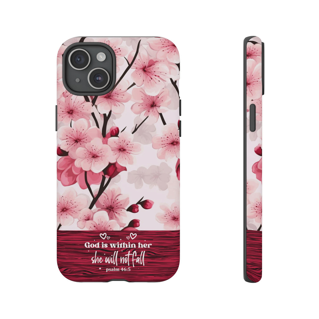 God Is Within Her Psalm 46:5 Floral Cherry Blossom Premium Christian iPhone Samsung Galaxy Google Pixel Phone Case