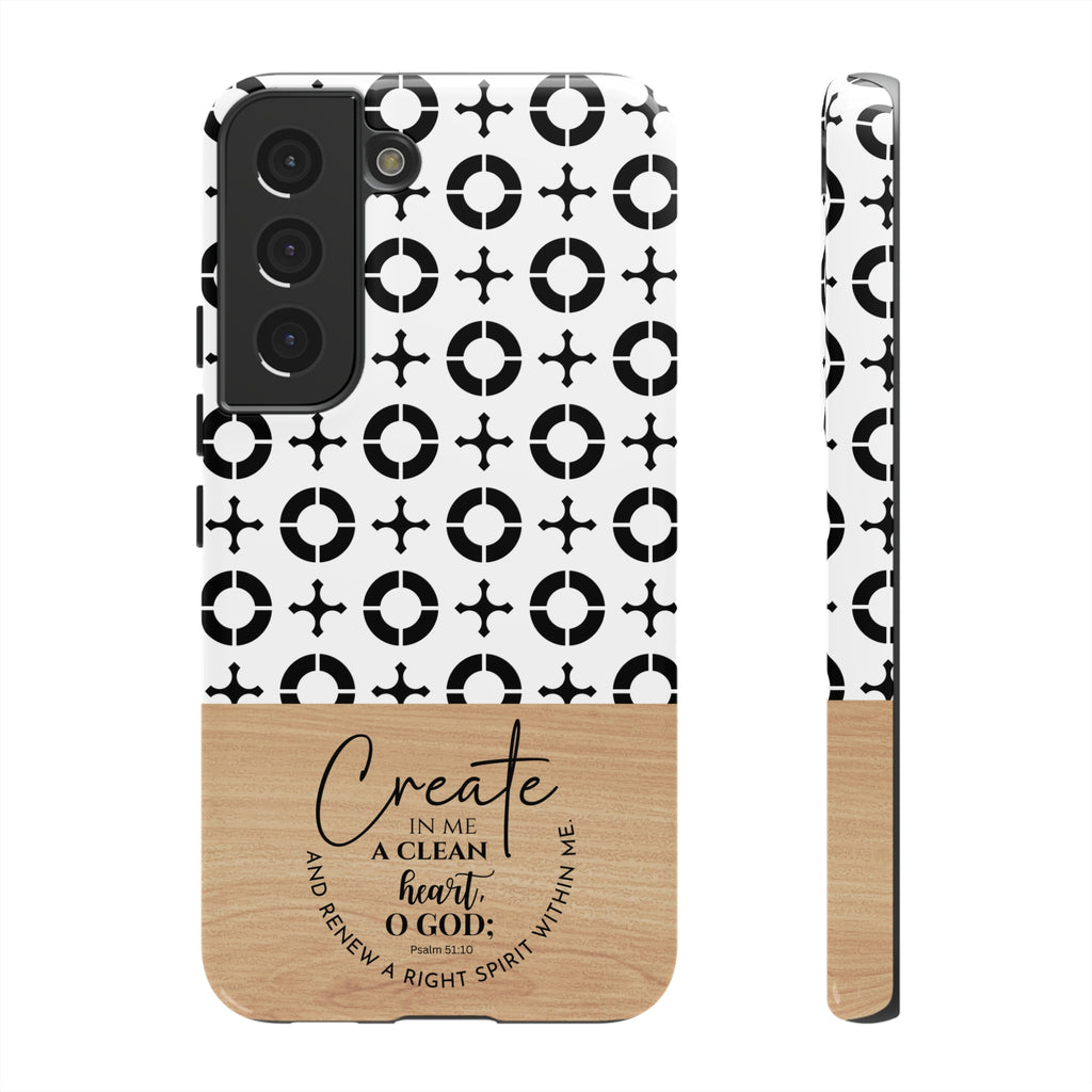 Psalm 51:10 Phone Case Create In Me A Clean Heart Tile Cross Wood Pattern iPhone Samsung Google Pixel Phone Case