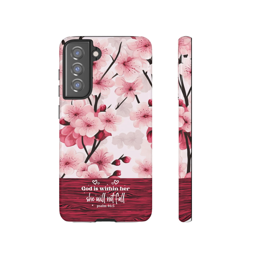 God Is Within Her Psalm 46:5 Floral Cherry Blossom Premium Christian iPhone Samsung Galaxy Google Pixel Phone Case