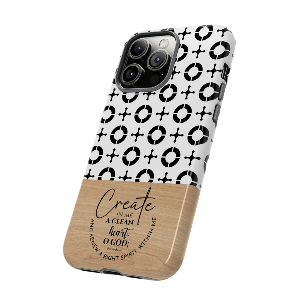 Psalm 51:10 Phone Case Create In Me A Clean Heart Tile Cross Wood Pattern iPhone Samsung Google Pixel Phone Case