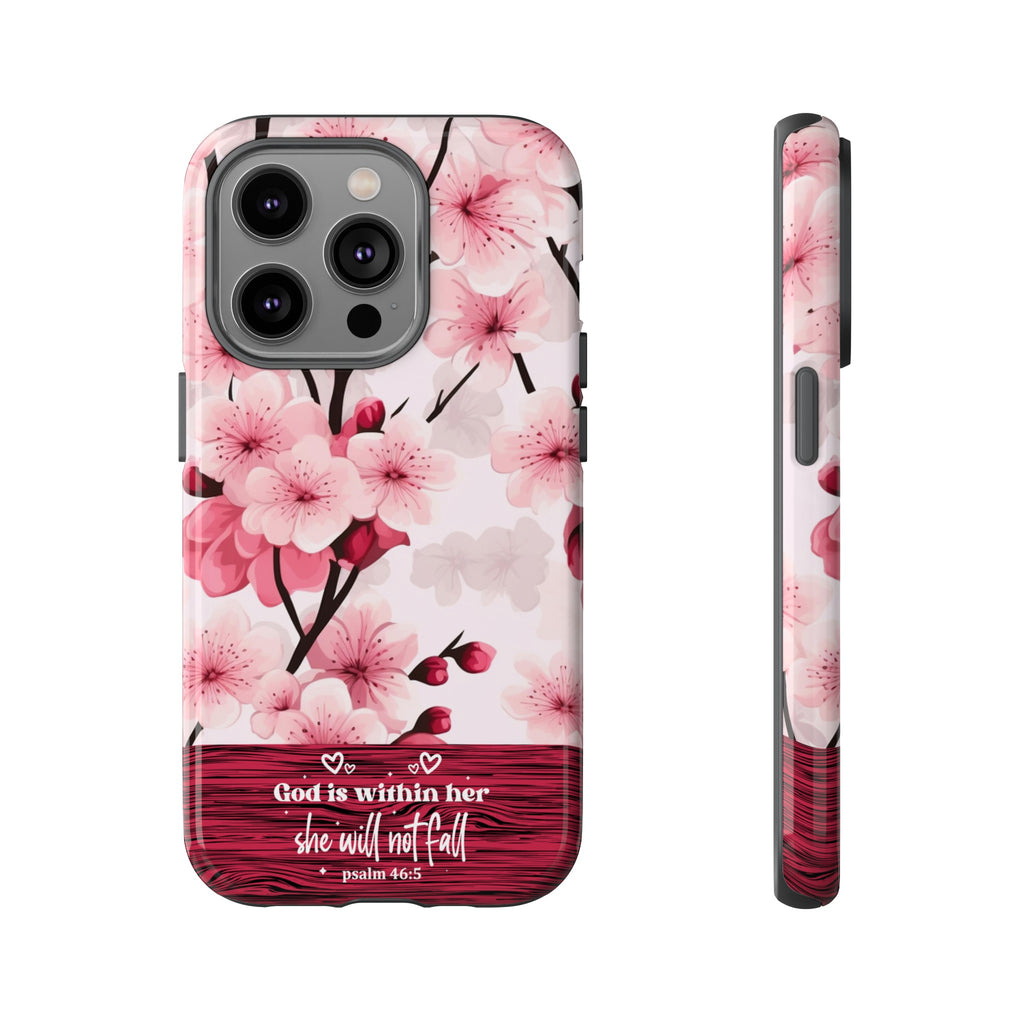 God Is Within Her Psalm 46:5 Floral Cherry Blossom Premium Christian iPhone Samsung Galaxy Google Pixel Phone Case